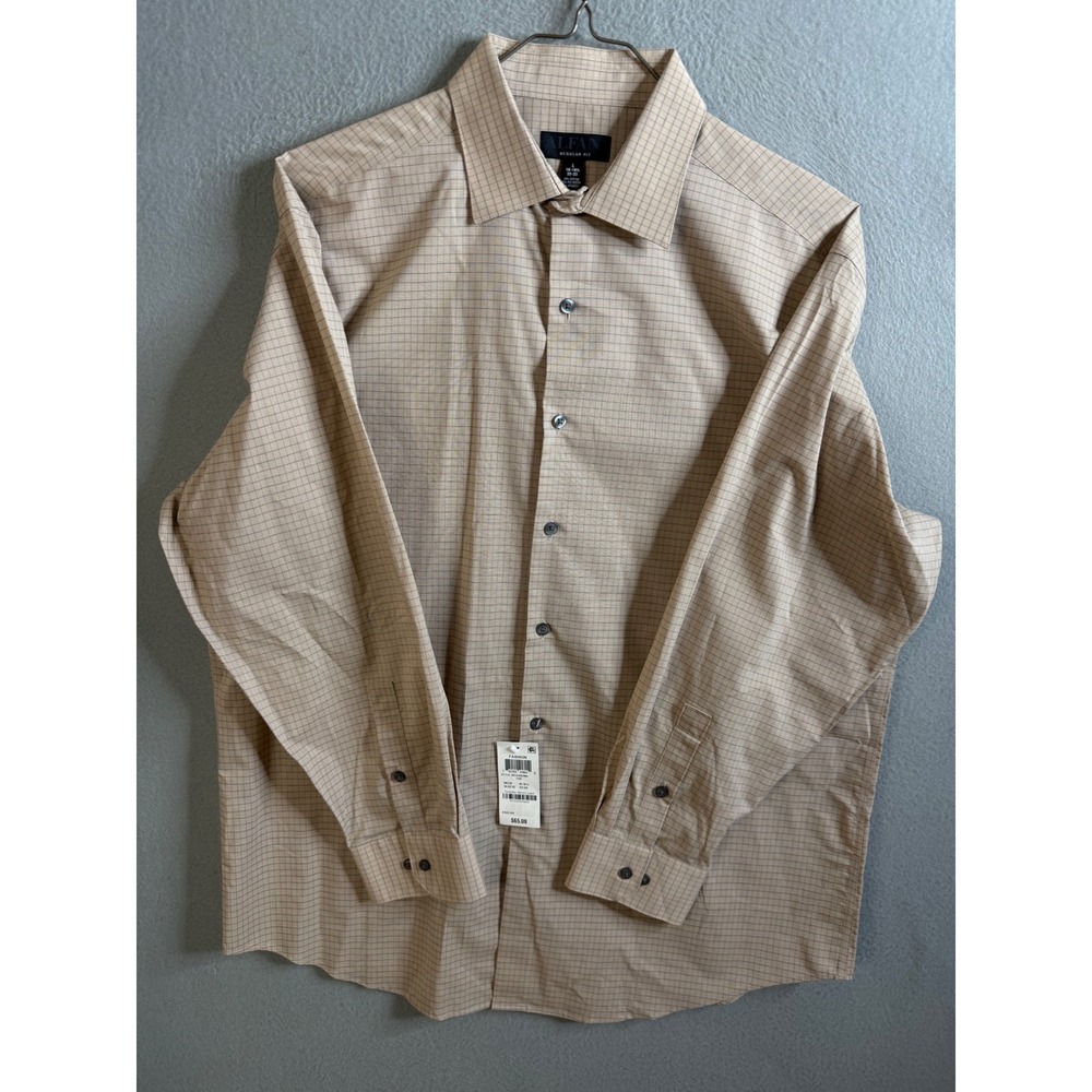 Alfani Dress Shirt Men's 16-16 1/2 32/33 Tan Plaid Long Sleeve Regular‎ Fit NWT